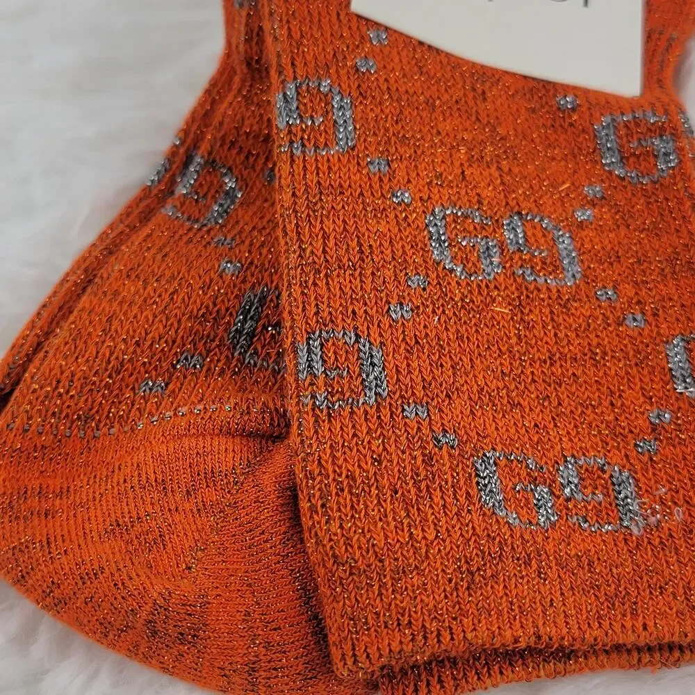 Gucci Crew Socks Unisex GG Logo Metallic 100% Authentic Orange Gray Luxury New